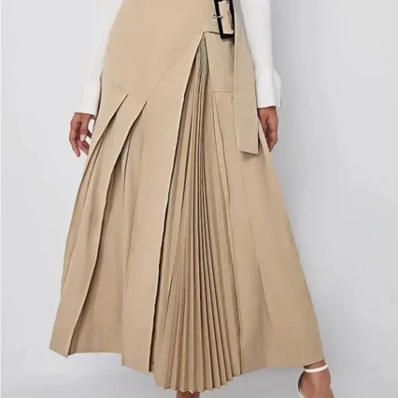 SHEIN Skirts Shein Women Khaki Asymmetrical Pleated Maxi Skirt